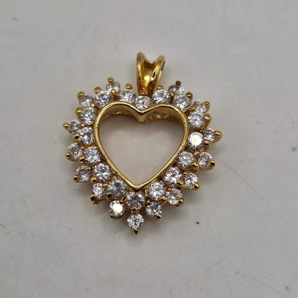 925 Sterling Silver Gold Tone Cubic‎ Zirconia Heart Halo Pendant Charm Necklace